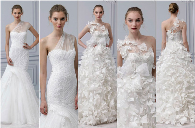 diferentes propuestas de vestidos de novia con escote asimétrico de Monique Lhuillier