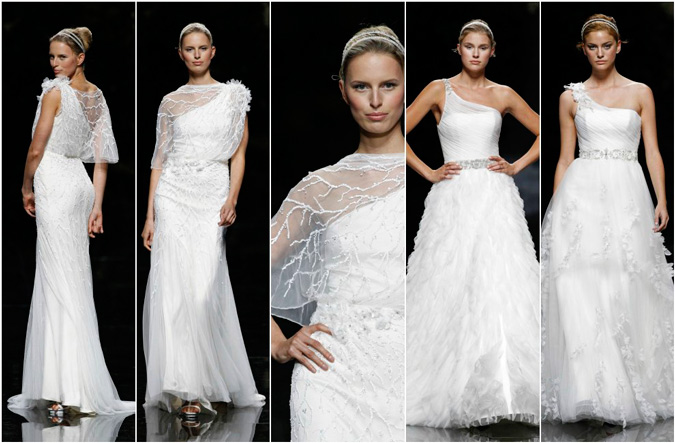 diferentes propuestas de vestidos de novia con escote asimétrico de Pronovias 