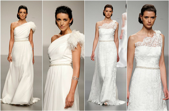 diferentes propuestas de vestidos de novia con escote asimétrico de Ana Torres