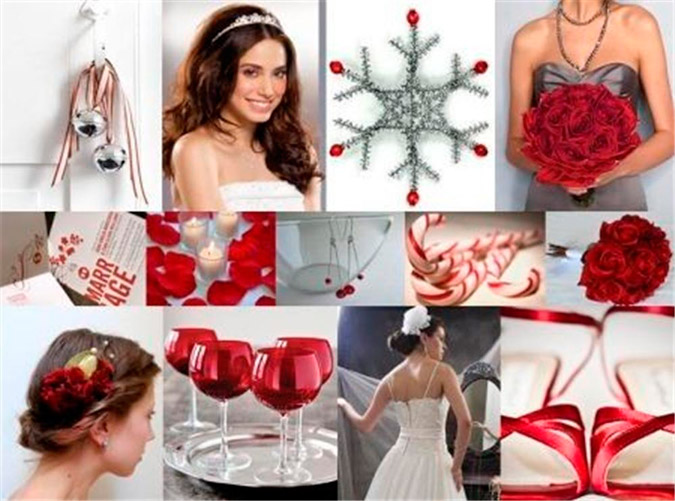 detalles de la decoración de una boda en Navidad en color rojo y plata
