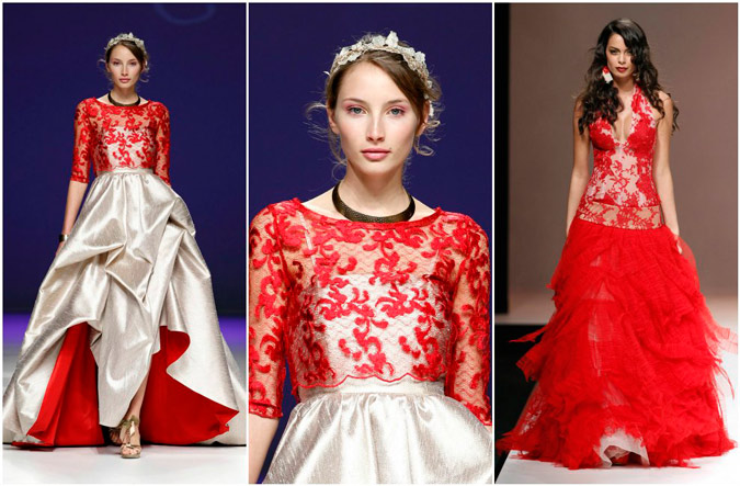 diferentes propuestas de vestidos de novia de encaje rojo de Carla Ruiz y Jordi Dalmau