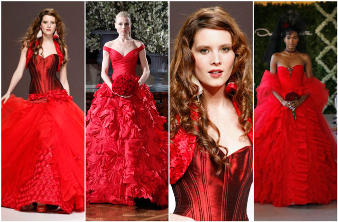 diferentes propuestas de vestidos de novia en color rojo de Jordi Dalmau, Ramona Keveza y Oscar de la Renta
