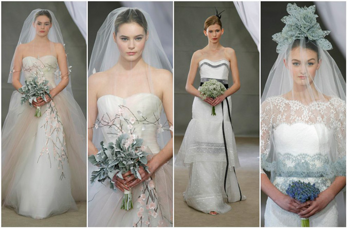 diferentes propuestas de vestidos de novia blancos con detalles en negro de Carolina Herrera