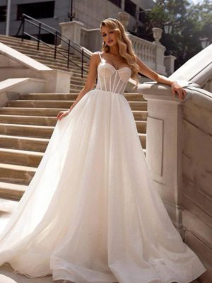 Vestido novia corte princesa cuerpo corset falda voluminosa