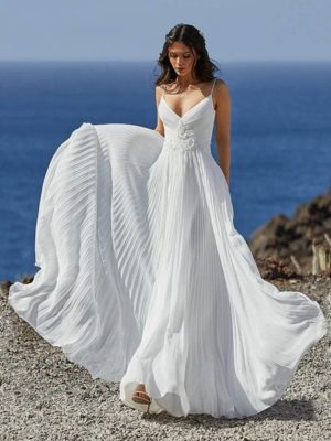 Vestido novia plisado tirantes escote V
