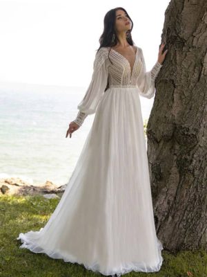 Vestido novia gasa encaje inspiración bohemia