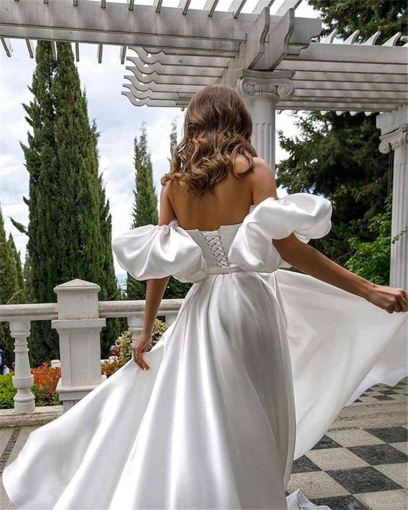 vestido novia satén manga abullonada extraíble apertura lateral